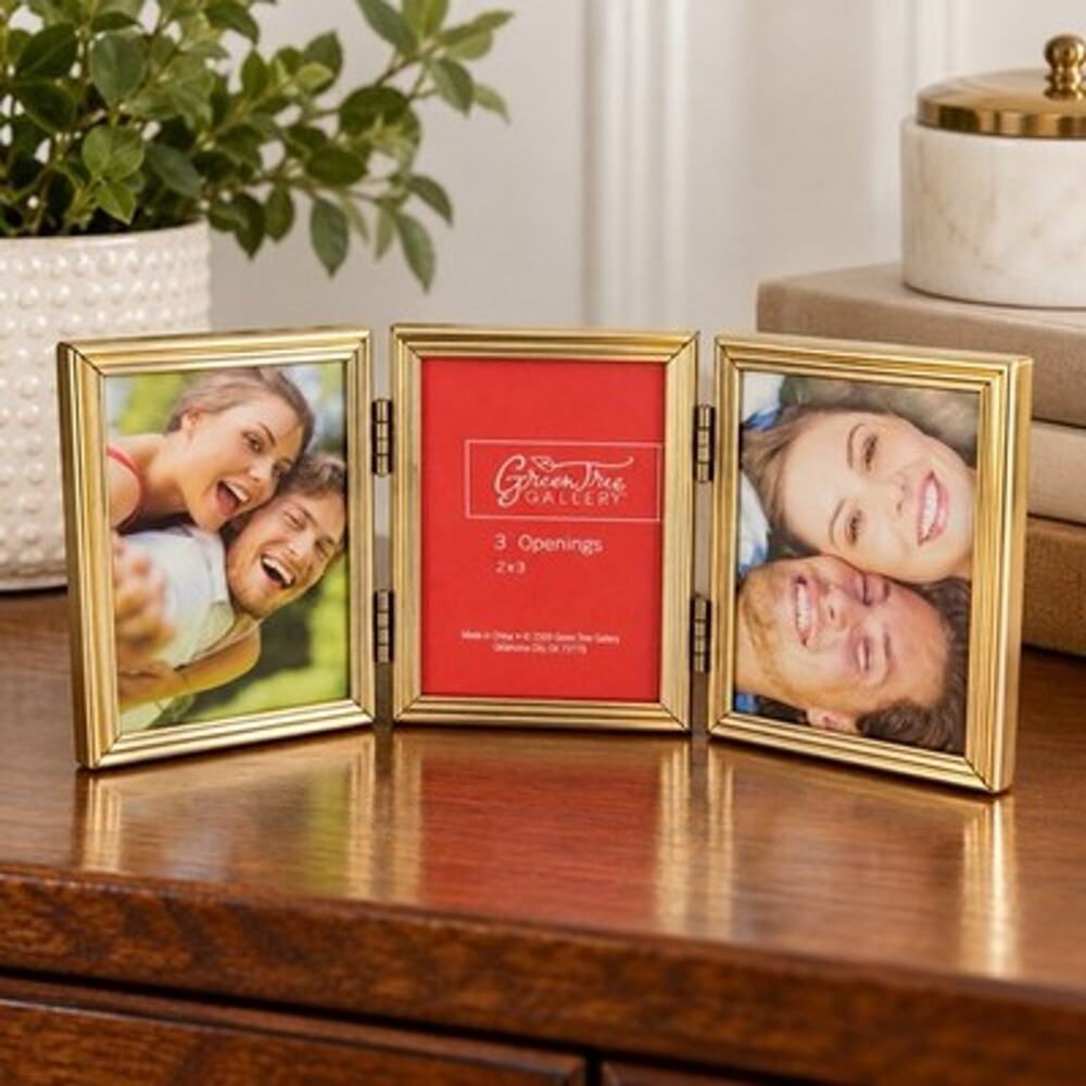 Green Tree Gallery Gold Tone Hinged Triple Picture Frame 3 Openings 2x3